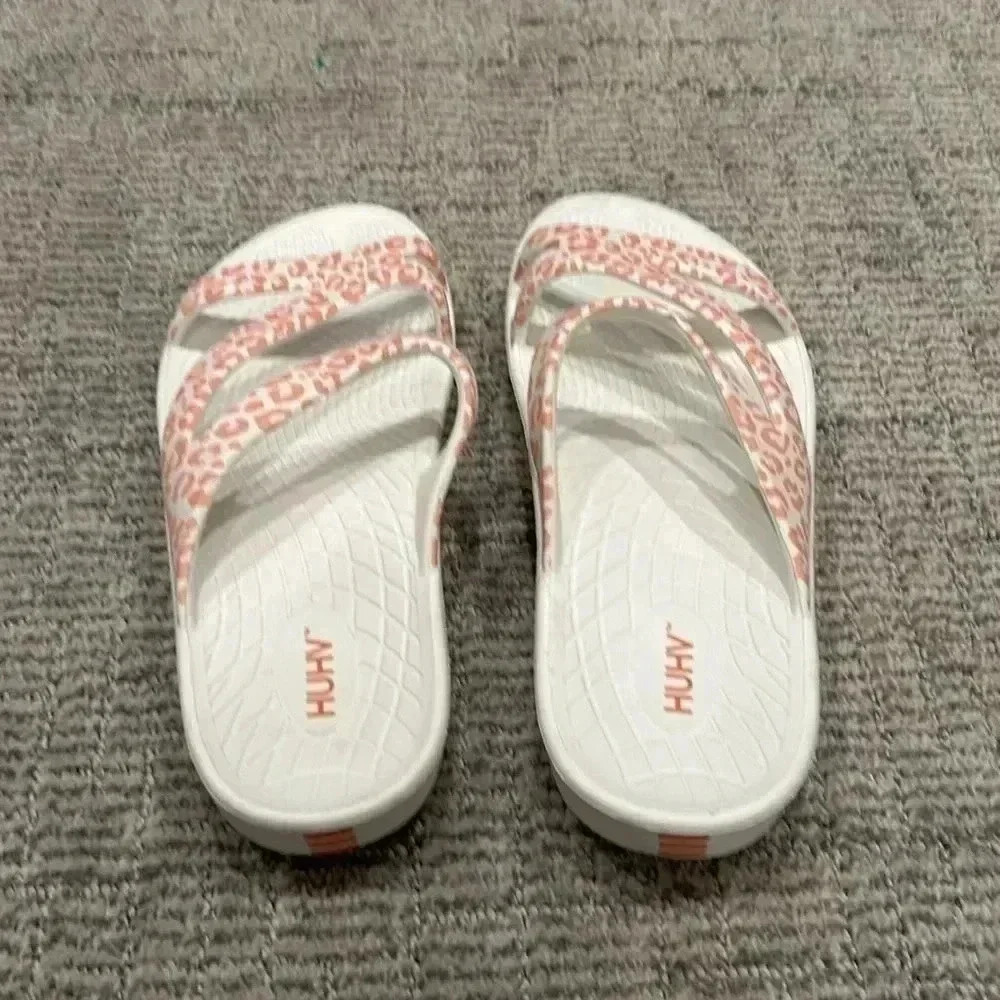 White & Pink Leopard Print Slide Sandals - Picture 4 of 7